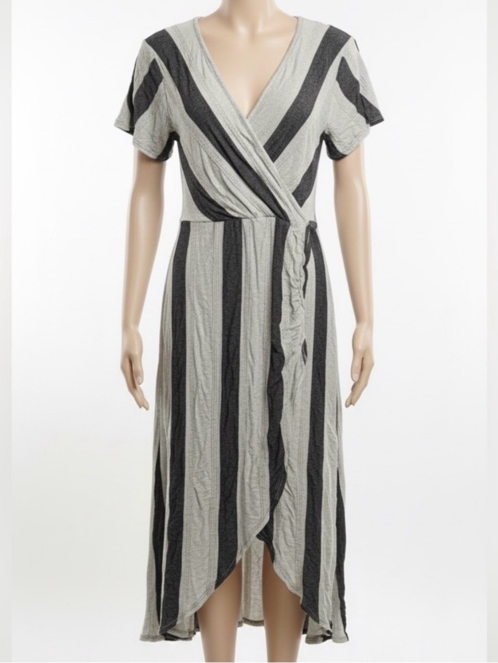 O'Neill Striped Wrap Midi Dress in Cream and Gray